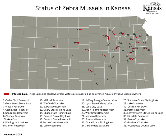 Map – Zebra Mussels in Kansas