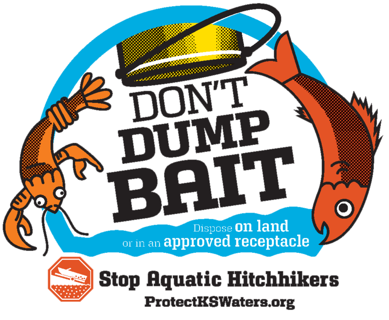 Illustration of a bait container being emptied, with a cartoon crayfish and fish falling out against a blue water splash background. Text reads: “Don’t Dump Bait. Dispose on land or in an approved receptacle. Stop Aquatic Hitchhikers. ProtectKSWaters.org.