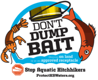 Illustration of a bait container being emptied, with a cartoon crayfish and fish falling out against a blue water splash background. Text reads: “Don’t Dump Bait. Dispose on land or in an approved receptacle. Stop Aquatic Hitchhikers. ProtectKSWaters.org.