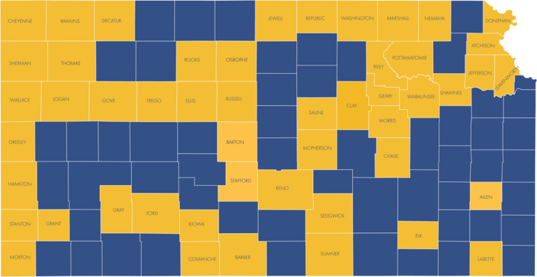 Map of Kansas with several counties labelled by name.