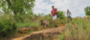 "Two hikers walk along a rocky trail through grassy terrain with scattered trees. One leads a dog on a leash, while the other follows behind under a partly cloudy sky.