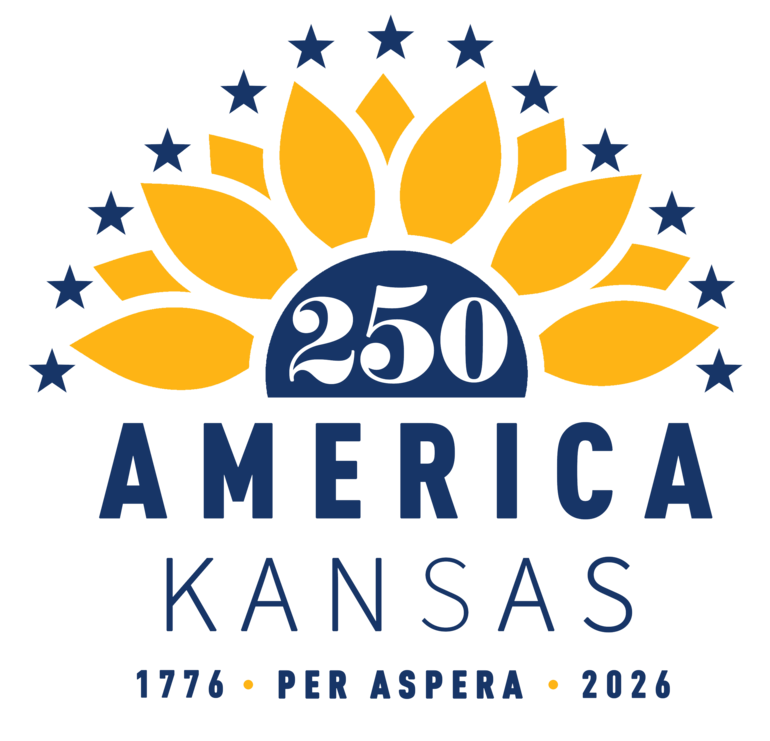 Logo for Kansas’s America 250 commemoration. A semicircle with ‘250’ at the center is surrounded by twelve yellow sunflower petals and thirteen blue stars. Below, bold blue text reads ‘AMERICA,’ with ‘KANSAS’ in lighter blue underneath. The bottom line says ‘1776 • PER ASPERA • 2026’ in red and blue, referencing the U.S. founding, Kansas’s motto, and the anniversary year.