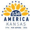 Logo for Kansas’s America 250 commemoration. A semicircle with ‘250’ at the center is surrounded by twelve yellow sunflower petals and thirteen blue stars. Below, bold blue text reads ‘AMERICA,’ with ‘KANSAS’ in lighter blue underneath. The bottom line says ‘1776 • PER ASPERA • 2026’ in red and blue, referencing the U.S. founding, Kansas’s motto, and the anniversary year.
