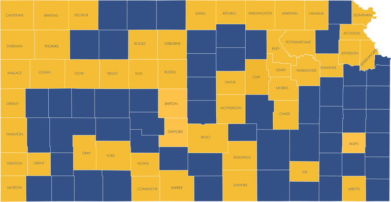 Map of Kansas with several counties labelled by name.