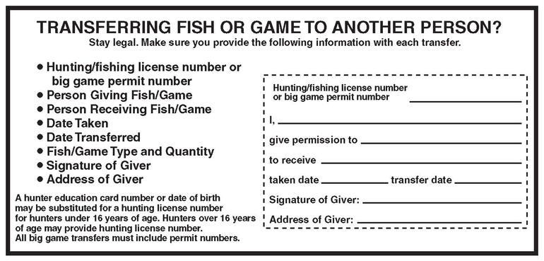 Form for Transferring Game or Fish to another person